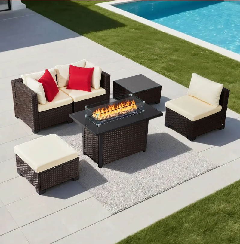 Outdoor Furniture Fire Pit Set - 6-Piece Outdoor Patio Furniture Set, Wicker
