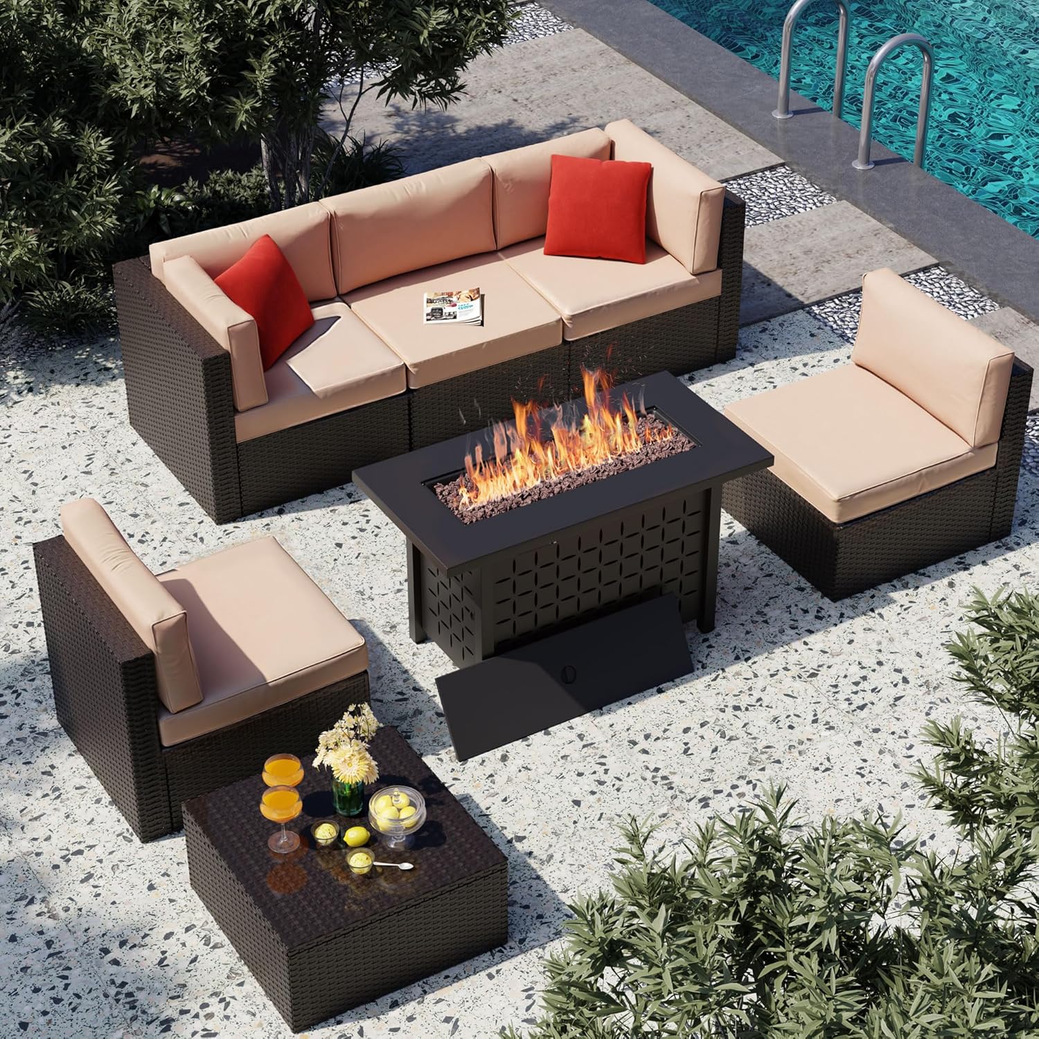 Outdoor Furniture Fire Pit Set - 7 Piece Patio Furniture Set with