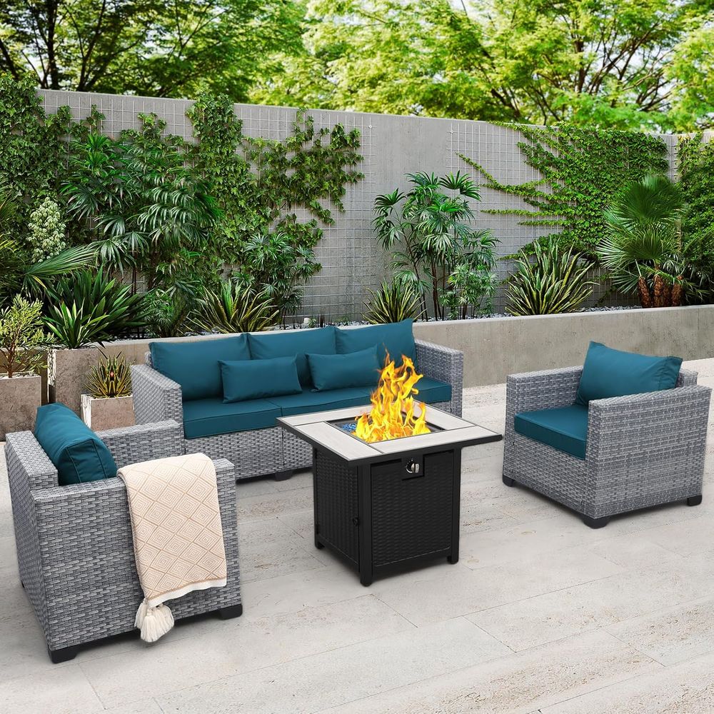 Outdoor Furniture Fire Pit Set - 4-Piece Outdoor Wicker Patio Furniture Set