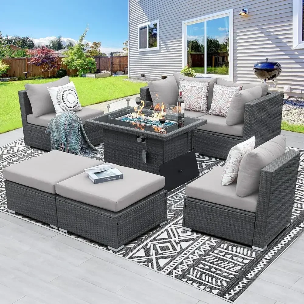 Outdoor Furniture Fire Pit Set - 6-Person Weather-Resistant Outdoor Sectional Set with