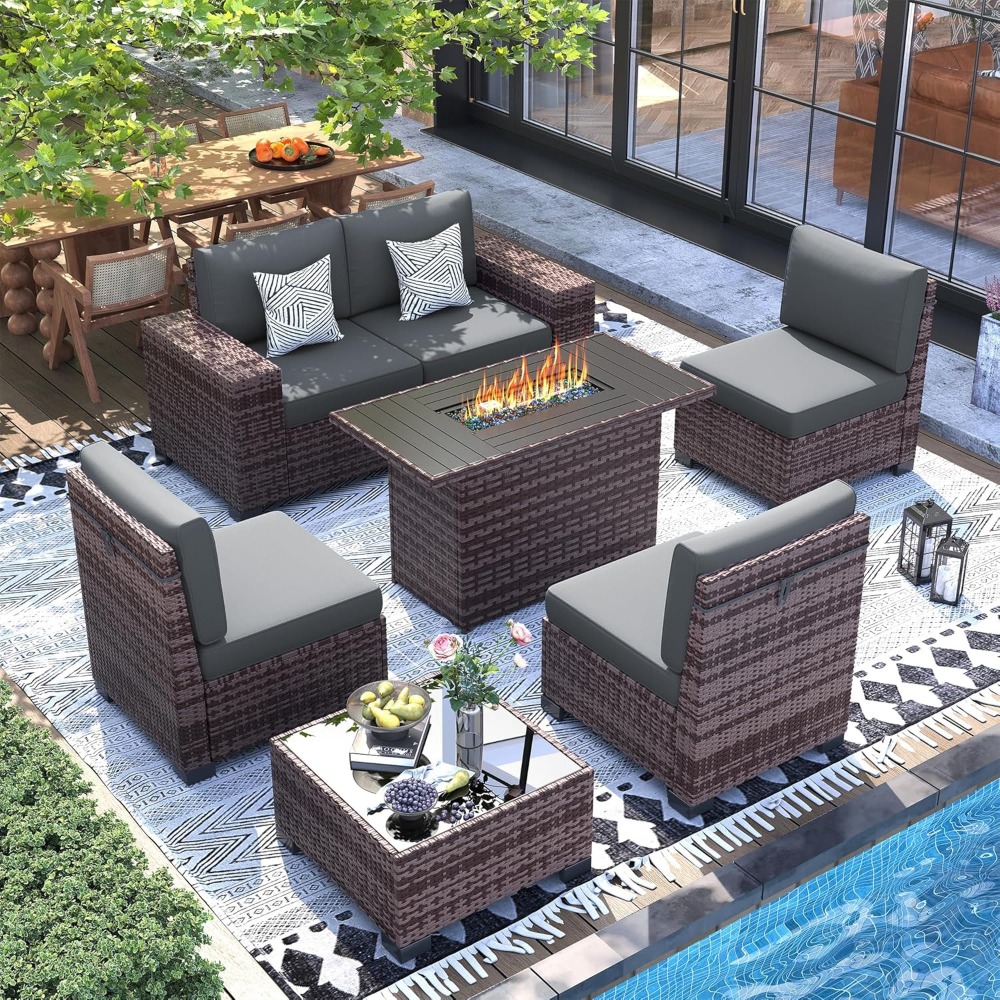 Outdoor Furniture Fire Pit Set - Sectional Sofa Set with Fire Pit